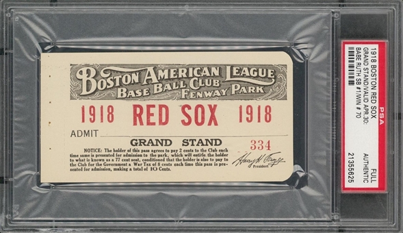 1918 Boston Red Sox Full Grand Stand Pass - Babe Ruth  Win # 70  (PSA)